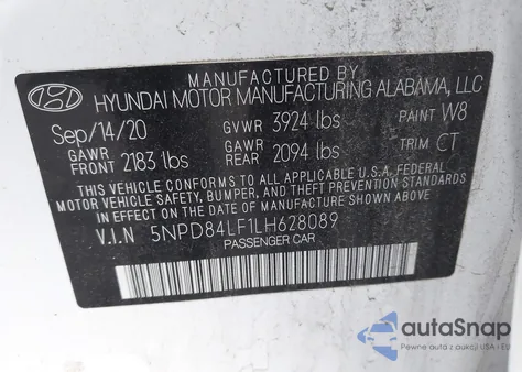 2020 Hyundai Elantra Sel z USA, uszkodzony, nr VIN 5NPD84LF1LH628089